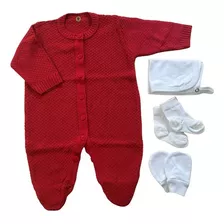 Kit Saída De Maternidade Macacão De Tricô Luxo Vmlho 4 Pcs