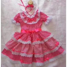 Vestido Caipira De Festa Junina Infantil, Com Tiara Grátis