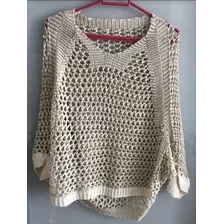 Blusa Tricot Mangas Longas Bege Com Fios Dourados