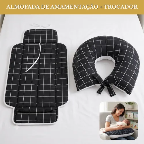 Kit Almofada De Amamentação Com Trocador De Fralda Portátil Bebê Impermeável Maternidade Conforto Premium - Preto Xandrez