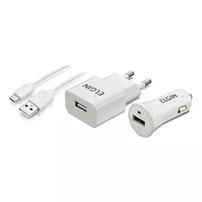 Kit Carregador Usb De Tomada + Veicular 1m Branco - Elgin