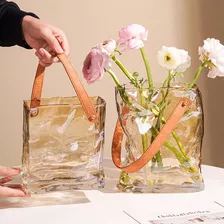 Vaso De Vidro Sacola Âmbar Com Alça De Couro Para Flores