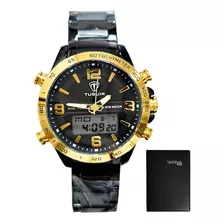 Relógio Masculino Anadigi Preto Com Dourado Tuguir Tg30098