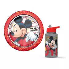 Set Plato Y Botella Plastica Infantil 500ml Mickey Disney 