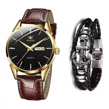 Relógio Masculino De Luxo Dourado Pulseira Couro + Bracelete