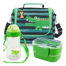 Lancheira Bolsa Térmica Infantil Escolar Marmita Garrafinha Cor Verde - Jacaré