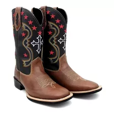 Bota Texana Masculina Cruz Estrela Country Em Couro 