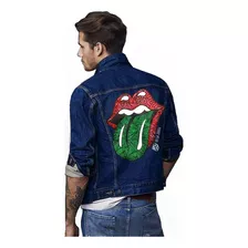 Campera Jean Hombre Negra Azul Rolling Stones Lengua Custom