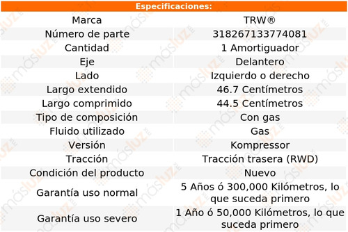 1- Amortiguador Gas Delantero Izq/der Slk230 Rwd 97/04 Trw Foto 2