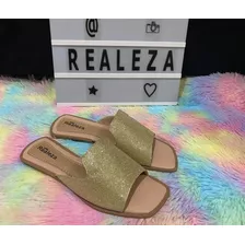 Rasteira Quadrada Dourada Chinelo Sandália Feminina Luxury