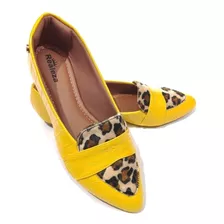 Sapatilha Bico Fino Mocassim Amarelo Onça Luxo Clássico 