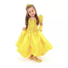 Fantasia Vestido Princesa Bela Ea Fera Infantil Luvas Coroa 