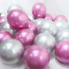 50 Balão Bexiga 5 Pol Cromado Metalizado Prata + Pink