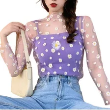 Top Blusa Transparente Con Flores Manga Larga Hotwife