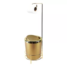 Kit Suporte Papel Higiênico Lixeira Basculante 5l Dourado