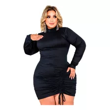 Vestido Plus Size Manga Longa Canelado Gola Alta Casual Top