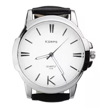 Relógio Luxo Korps 1319 Prata Fundo Branco Pulseira Couro