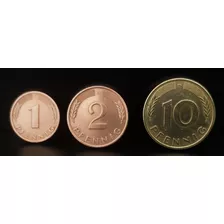 Moedas Alemã: 10, 2, E 1 Pfennig 1979, 1991, 1980 Soberbas.