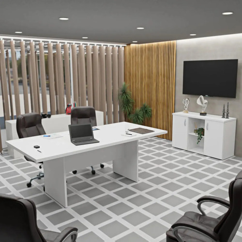 Conjunto Escritório Mesa Reunião Armário Credenza Netmobil Cor Branco