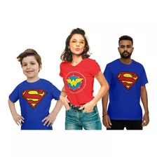 Kit Camiseta Família Super Man E Mulher Maravilha Heróis