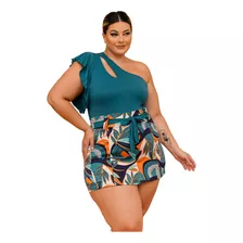 Conjunto Feminino Blusa Short Saia Plus Size Estica 40 Á 54