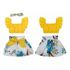 Conjunto Menina Saia E Cropped Tiara Estampado Tricoline 