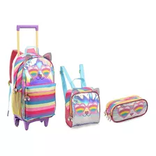 Kit Mochila Escola Rodinha Menina Arco-íris Holográfica 2023