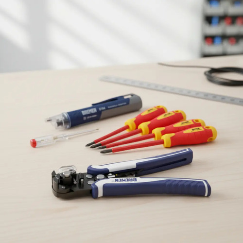 Kit Bremen: Pinza Pelacables Automática Frontal + Juego Destornilladores Aislados 5pz 1000v + Buscapolo Inductivo 1000v