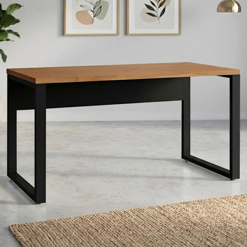 Mesa Escrivaninha Industrial 160cm X 60cm Pés Metal Mdf Freijó Com Preto