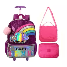 Kit Mochila Rodinha Feminina Espaçosa + Estojo E Lancheira Cor Lilás-rosa Desenho Do Tecido Liso