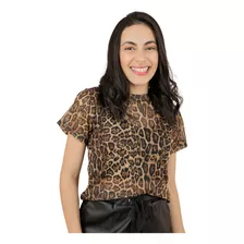 Blusa Feminina Manga Curta Transparente Estampada Zebra/onça