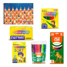 Kit Escolar 48 Ítens Aula De Artes Desenho Pintura Infantil