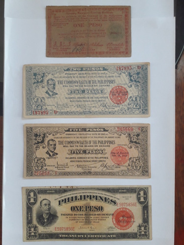 Billetes Filipinas 1, 2, 5 Y 1 Peso Con Resello Rojo-  Ee.uu