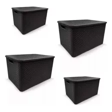 Kit 4 Caixas Organizadora Cesto Rattan 25l Preto Para Casa