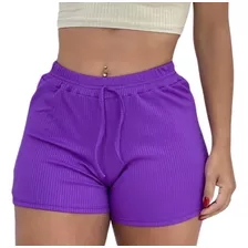 Kit 3 Short Feminino Cintura Alta Canelado Com Elástico 