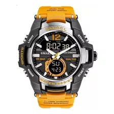 Reloj Pulsera Smael 1805 De Cuerpo Color Negro, Analógico-digital, Para Hombre, Fondo Negro, Con Correa De Resina Color Naranja, Agujas Color Blanco Y Amarillo Y Negro, Dial Blanco Y Naranja, Subesfer