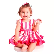 Vestido Infantil Para Bebê Menina Listrado Com Faixa 2pc 