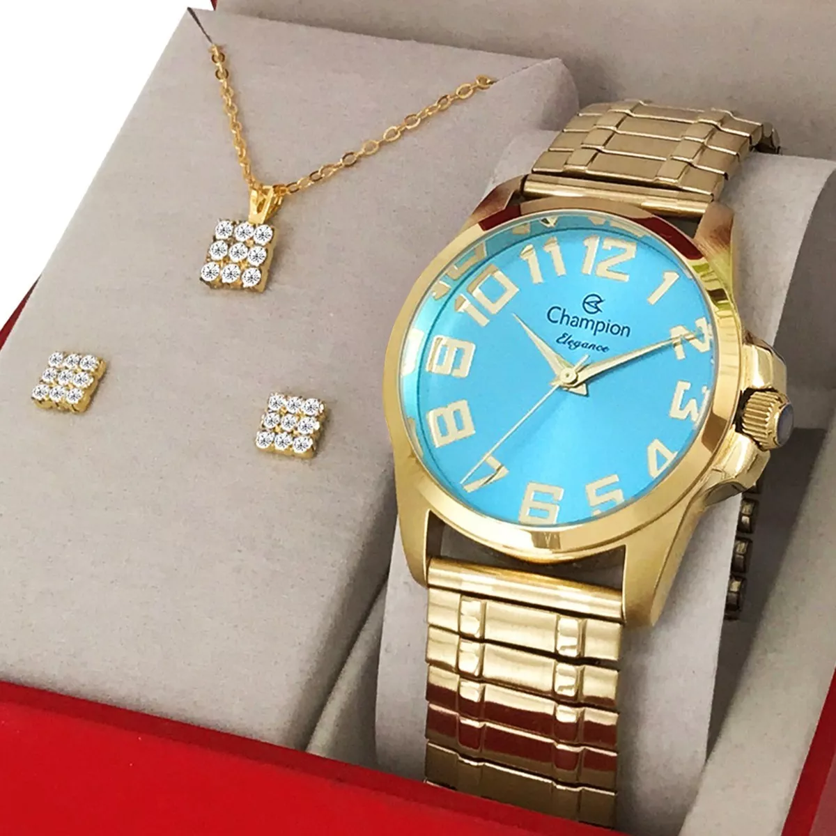 Relógio Champion Feminino Dourado Azul Kit Ouro 18k Original
