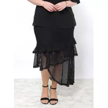 Saia Midi Plus Size Assimétrica Com Babados Tela Arrastão