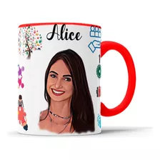 Caneca Com Caricatura Personalizada Ícones Alça Vermelha