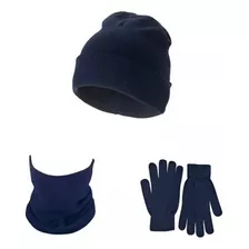 Gorro Beanie Azul Marino+guantes Lana + Cuello Polar Invieno