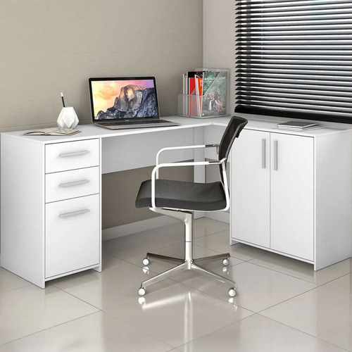 Mesa Para Escritório 2 Portas 3 Gavetas Mirage Branco New - Branco Moderno