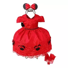 Vestido Minnie Vermelha Infantil Luxo Com Tiara Luvas