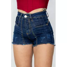 Short Jeans Escuro Pregas No Bolso