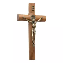 Crucifixo Parede Madeira Cilíndrico Medalha São Bento 17cm