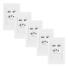 Kit 5 Tomada Interruptor Parede 2 Usb Carregador Tm02 Cor Branco