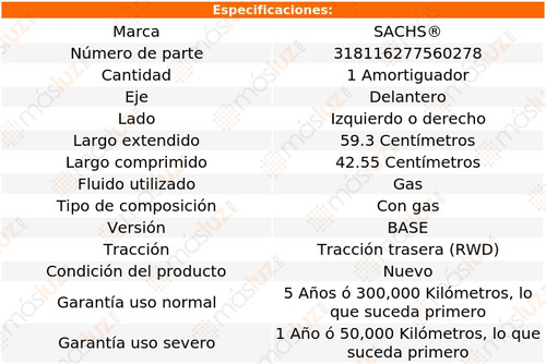 1- Amortiguador Gas Delantero Izq/der E300 V6 3.5l 10 Sachs Foto 2