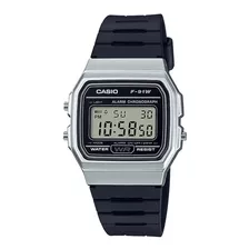 Reloj Pulsera Casio Collection F-91 De Cuerpo Color Plateado, Digital, Para Hombre, Fondo Gris, Con Correa De Resina Color Negro, Dial Negro, Minutero/segundero Negro, Bisel Color Plateado Y Hebilla S