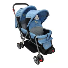 Carriola Doble Para Bebe Y Niño Gemelar Moderna Plegable Color Azul