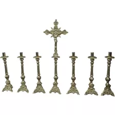Conjunto Sacro Altar Bronze 6 Castiçais 33cm 1 Crucifixo 57c